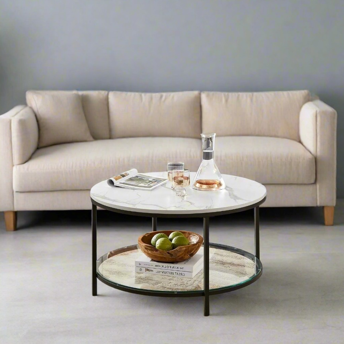 SWANTON Coffee Table Round Marble Effect Table with Glass Shelf and Steel Legs - White and Black - The Urban Forge