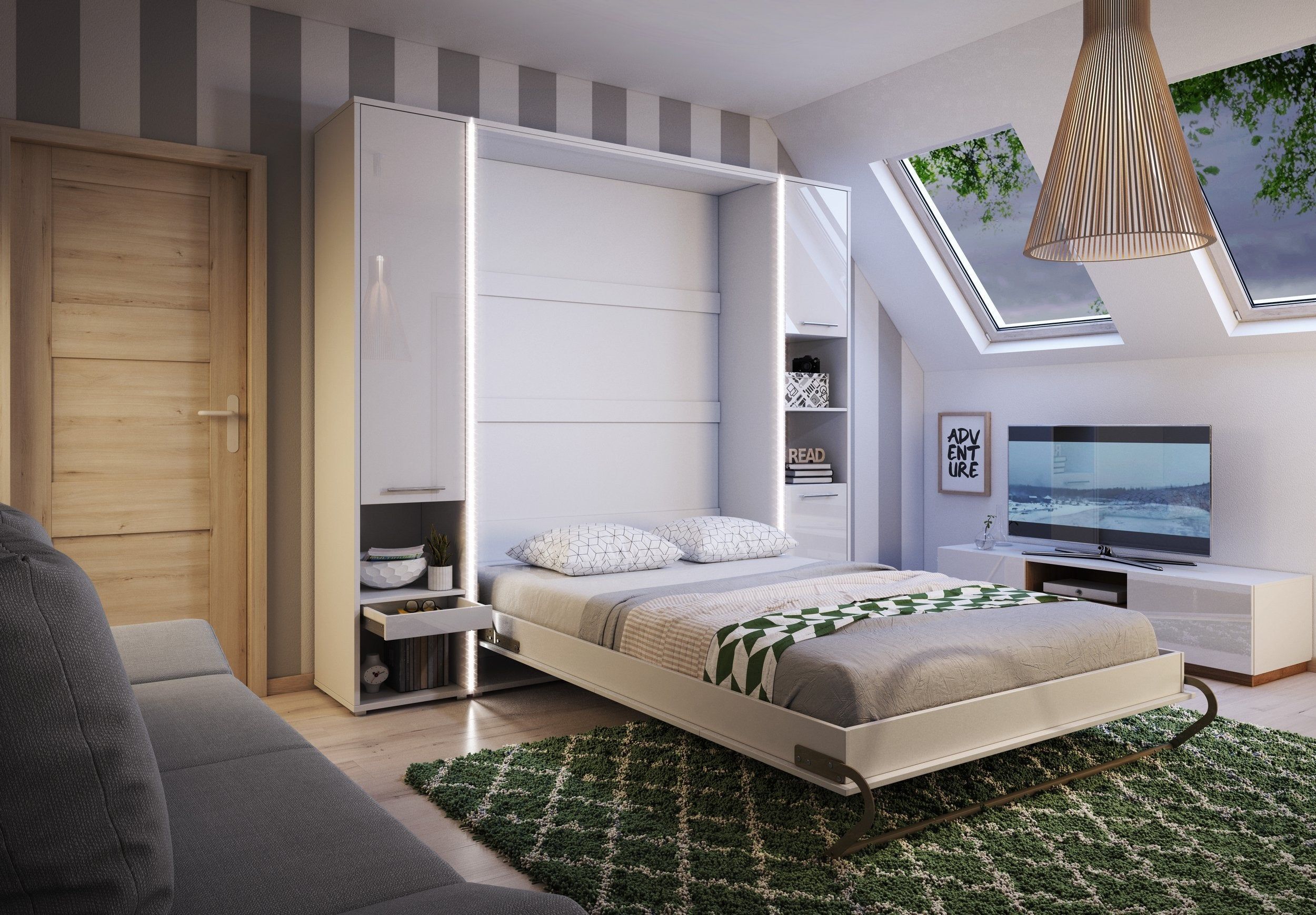 ArtNest Vertical Wall Bed 140cm with Storage Cabinets - White Matt - Art Nest