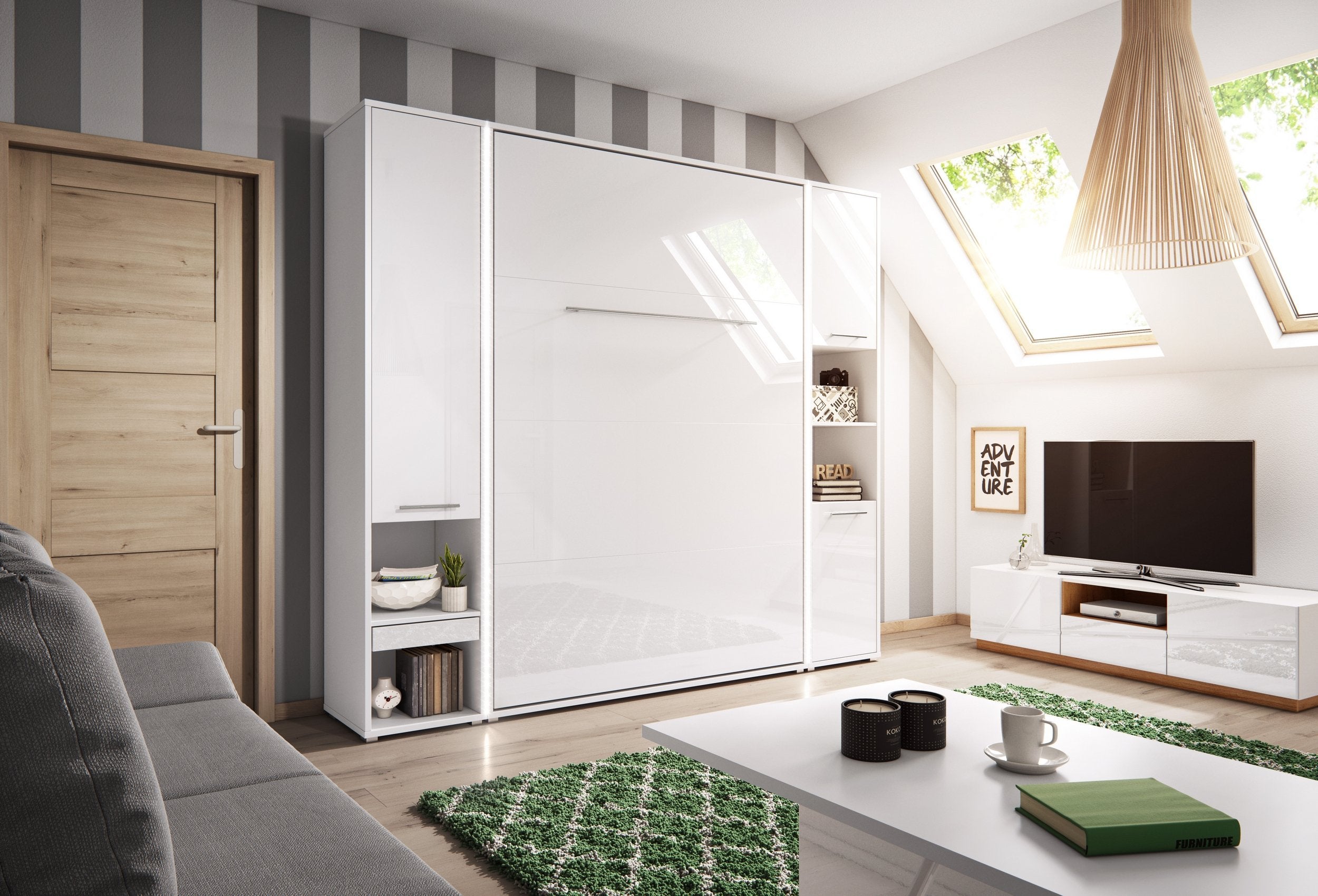 ArtNest Vertical Wall Bed 90cm with Storage Cabinet - White Gloss - Art Nest