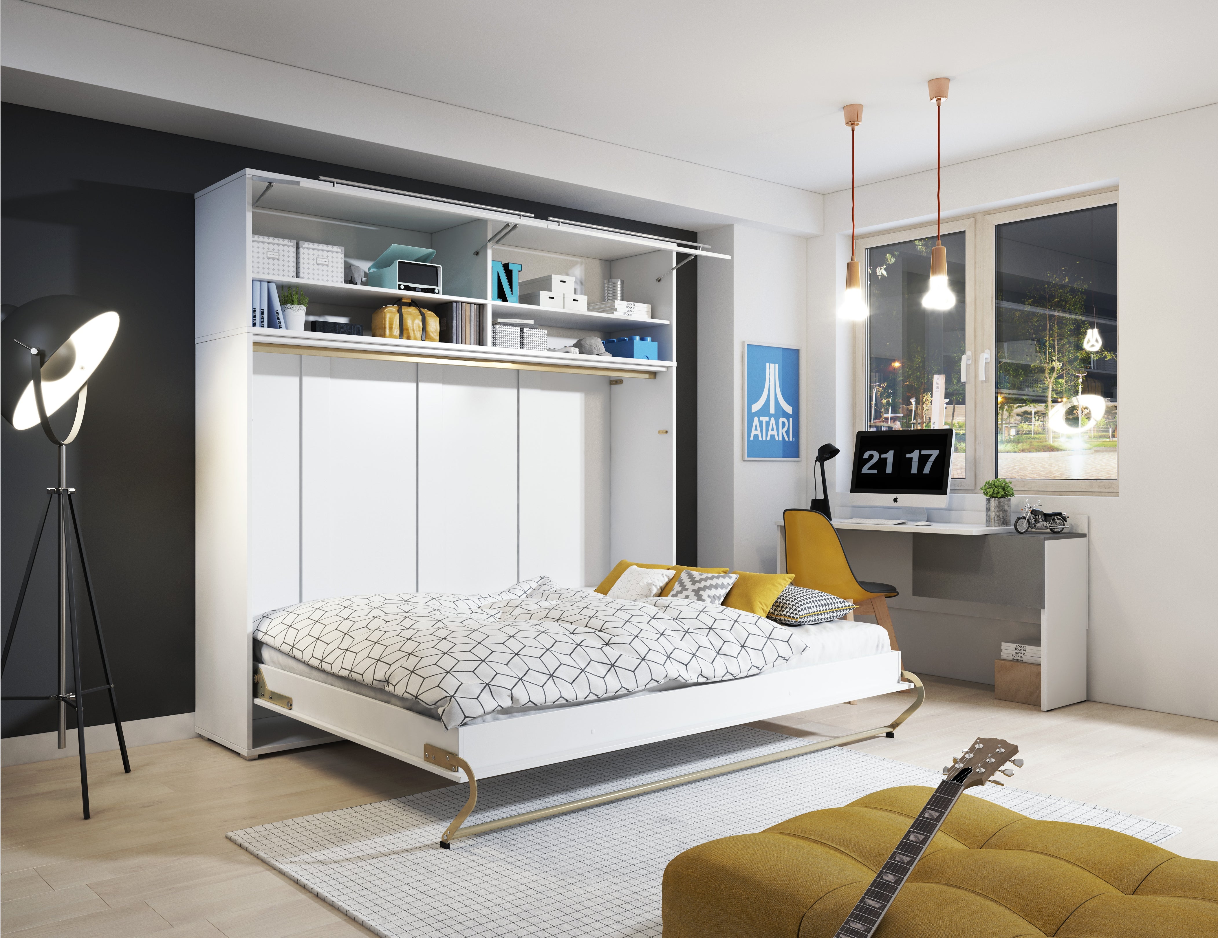 ArtNest Horizontal Wall Bed 120cm with Over Bed Unit - White Gloss - Art Nest