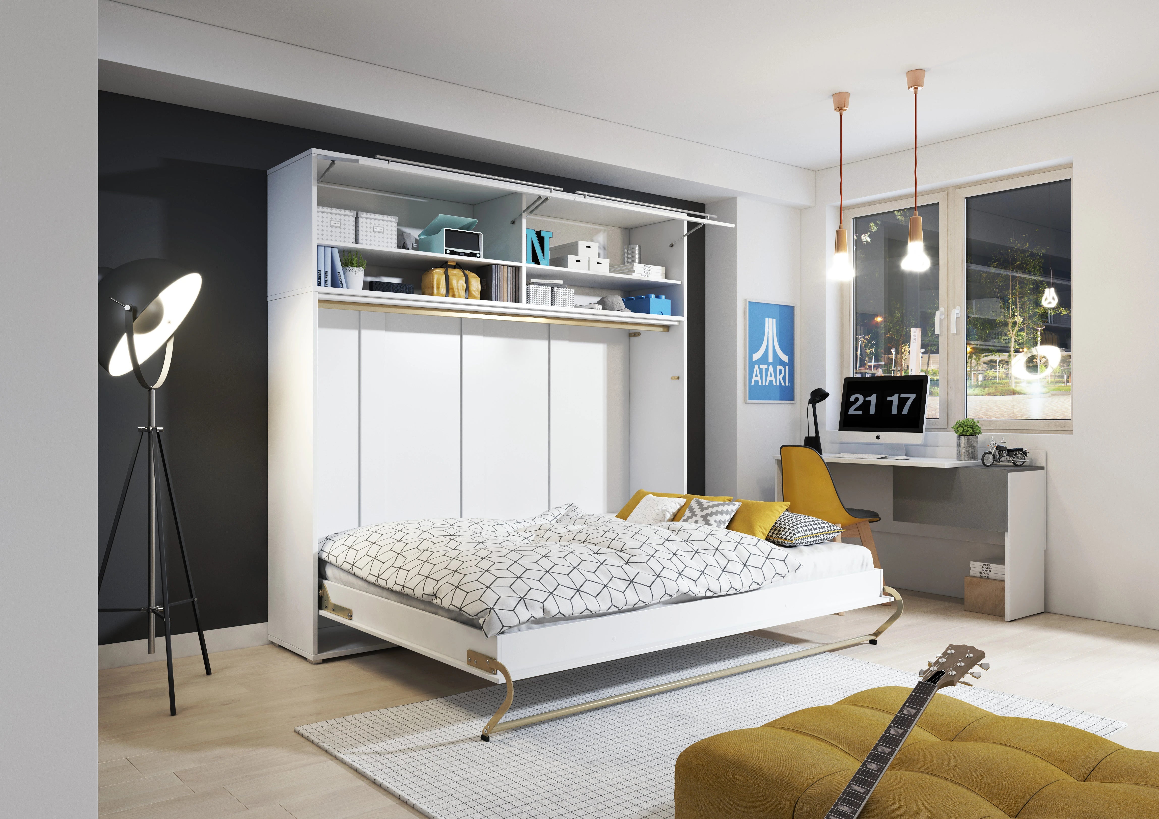 ArtNest Horizontal Wall Bed 140cm with Over Bed Unit - White Matt - Art Nest