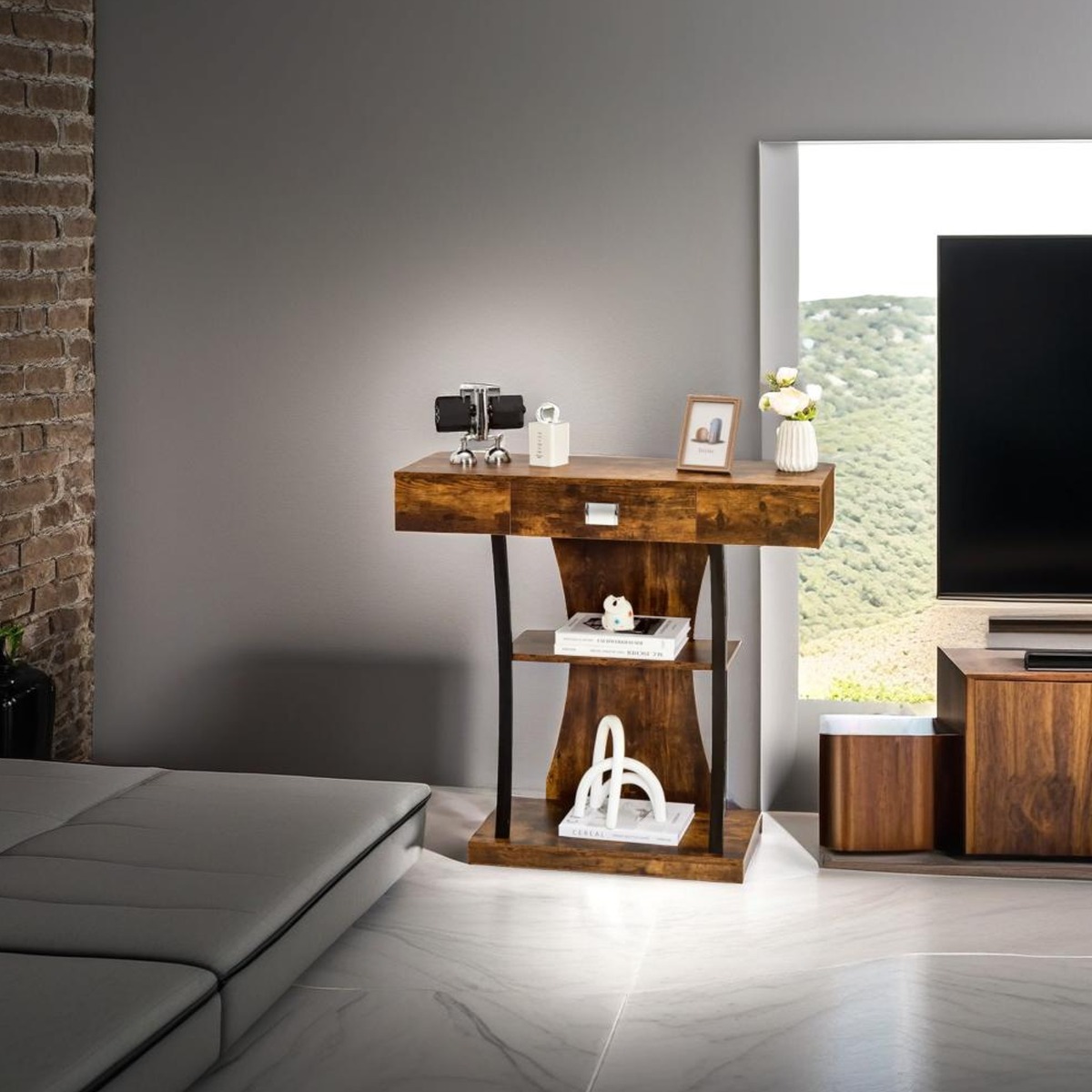 SWANTON Console Table Rustic Table with Drawer and Shelves for Hallway - Brown - The Urban Forge