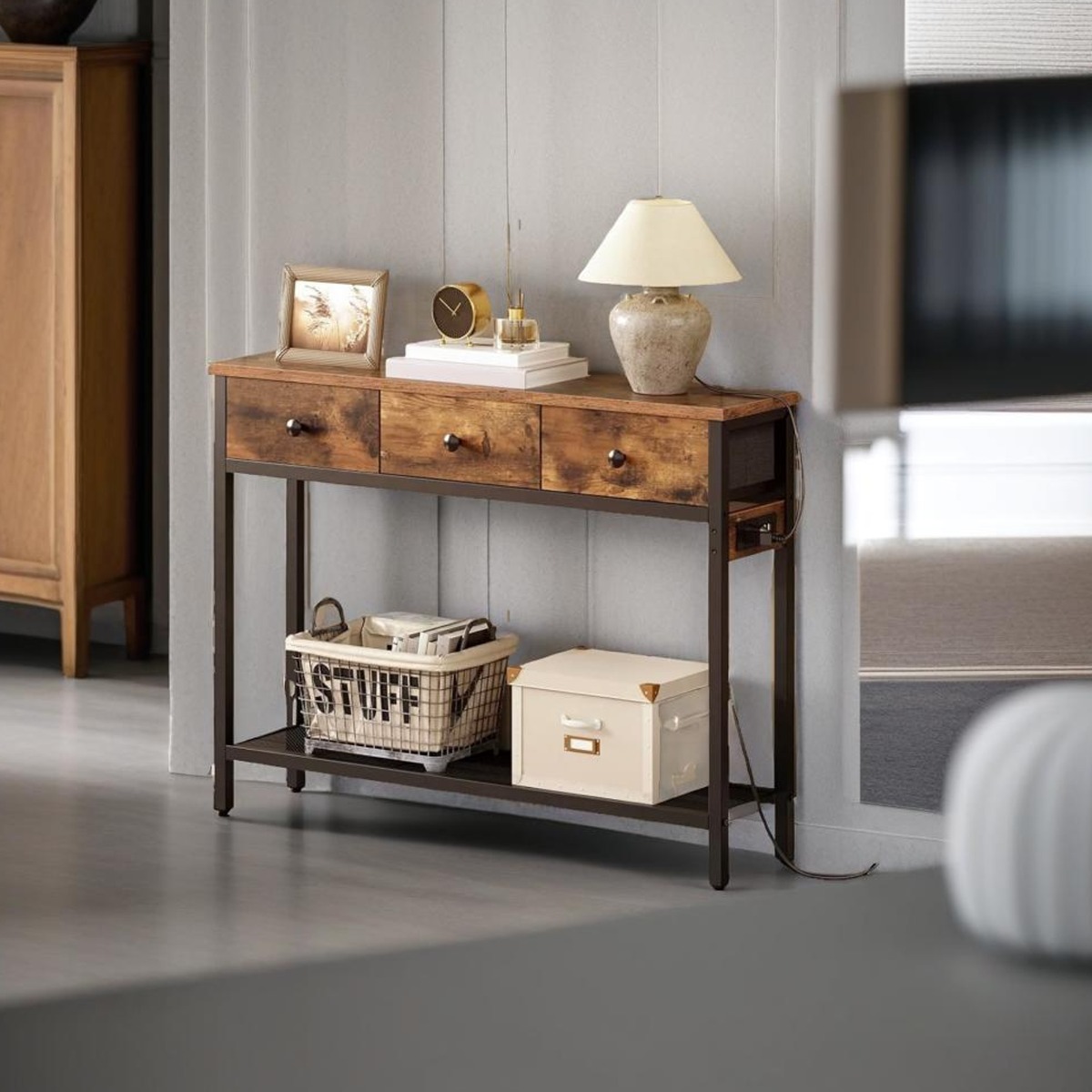 QUENTARA Console Table Slim Entryway Table with Power Outlet and 3 Fabric Drawers - Rustic Brown - The Urban Forge