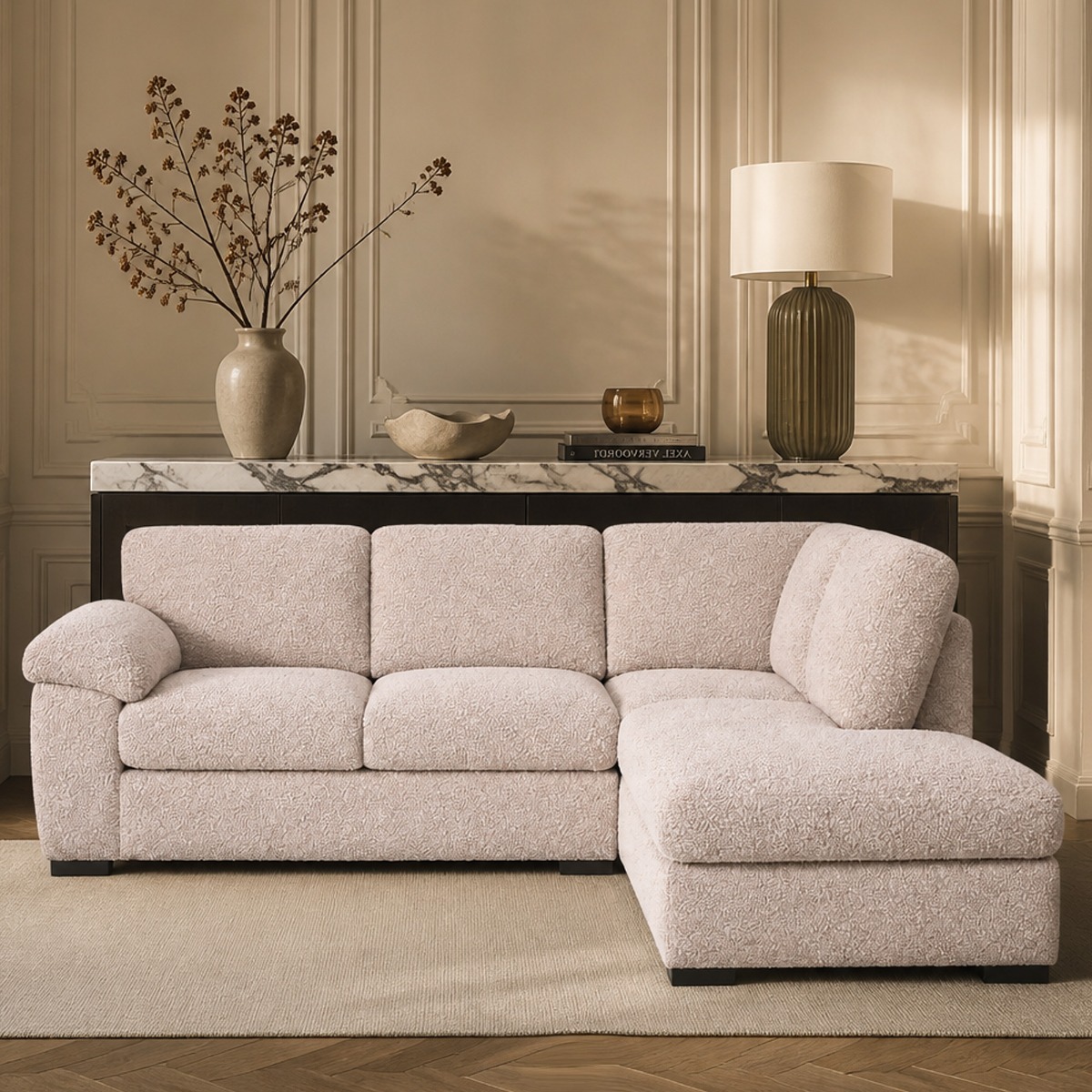 CORDURA Large Boucle Fabric L Shaped - Right Hand Facing Fullback Corner Sofa - Pink