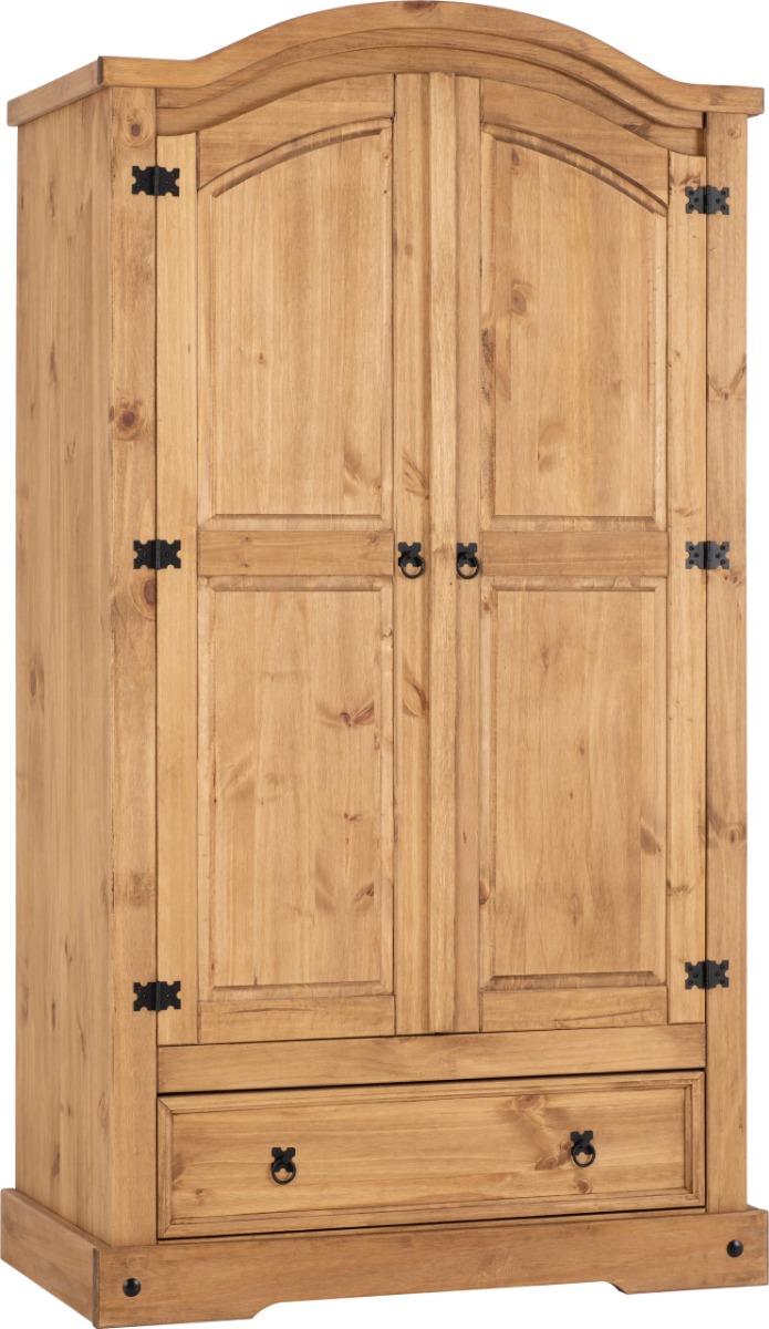 Wardrobe - CLACTON 2 Door 1 Drawer Wardrobe Distressed Waxed Pine 103.5cm - Budget Deals