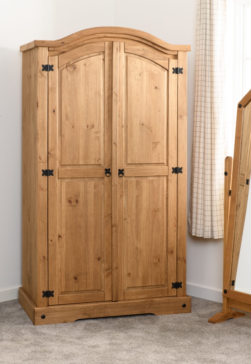 Wardrobe - CLACTON 2 Door Wardrobe Distressed Waxed Pine 103.5cm - Budget Deals