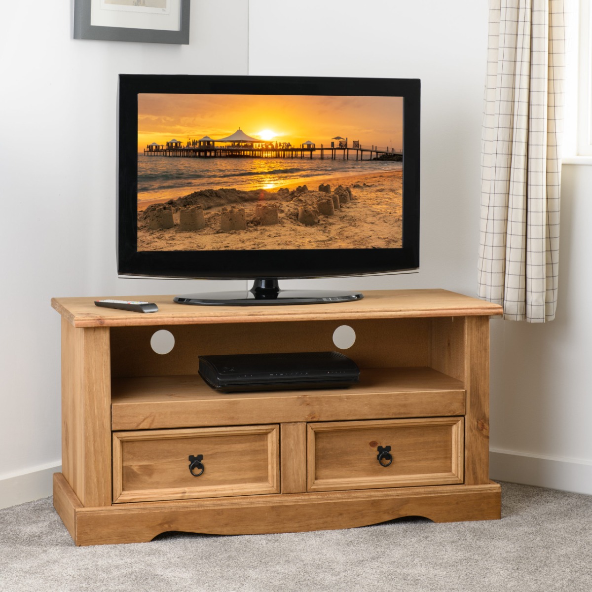 Corona 2 Drawer Flat Screen TV Unit - Distressed Waxed Pine - Budget Deals