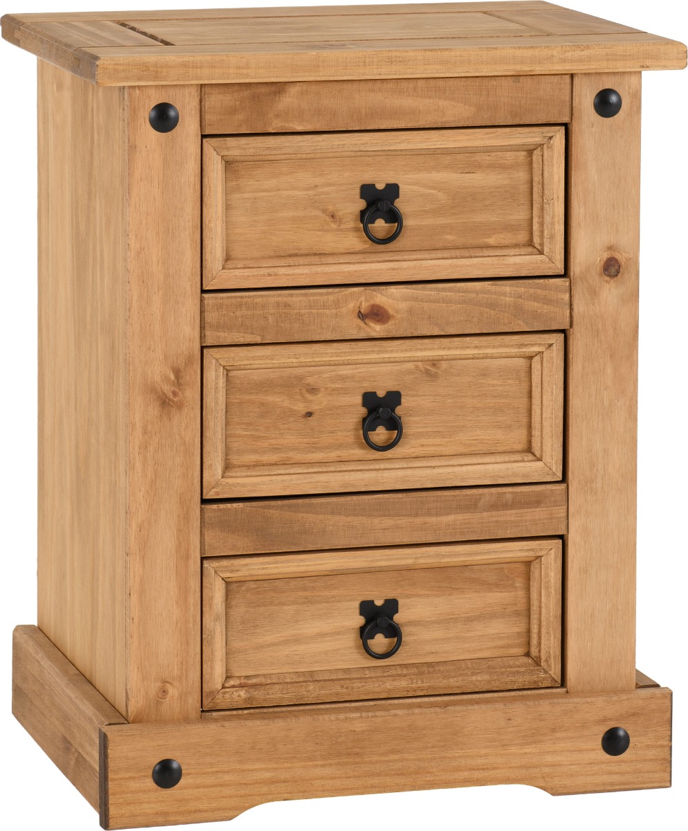 Corona 3 Drawer Bedside - Distressed Waxed Pine - Budget Deals