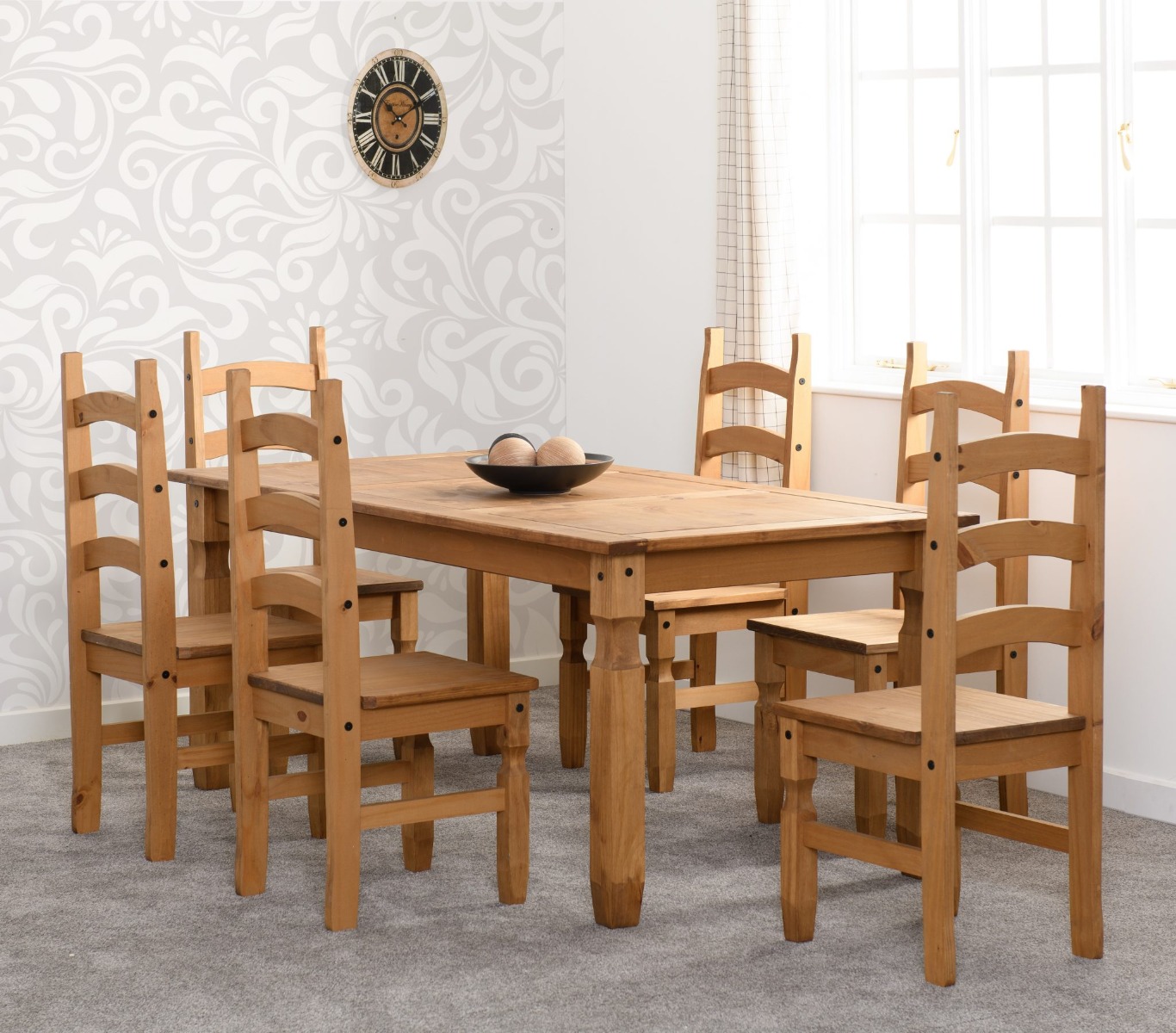 Corona 6ft Dining Table Set with 6 Dining Chairs - Distressed Waxed Pine - Budget Deals
