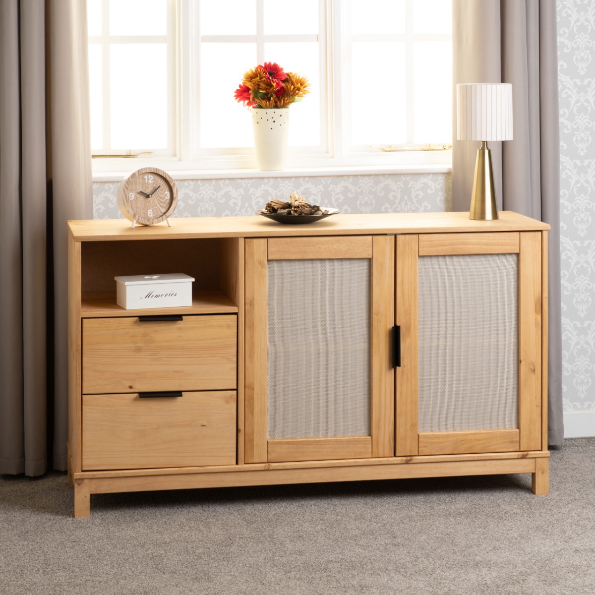 Corona Rattan 2 Door 2 Drawer Sideboard - Distressed Wax Pine Rattan Effect - Budget Deals