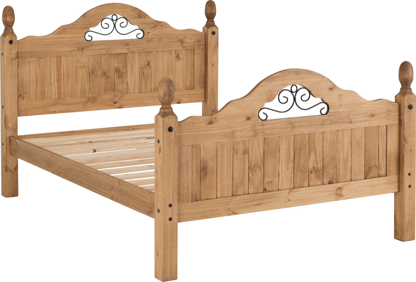 Corona Scroll 4ft6 Double Bed High Foot End - Distressed Waxed Pine - Budget Deals