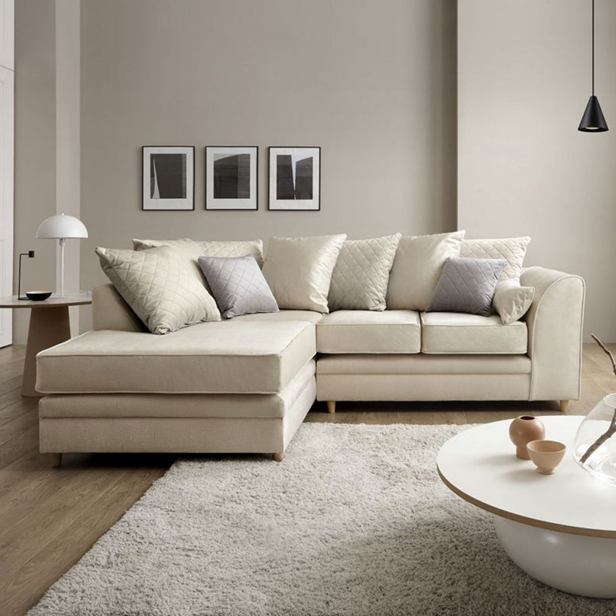 Bethan Velvet Corner Sofa - Left Arm Cream - Moonlight Interiors