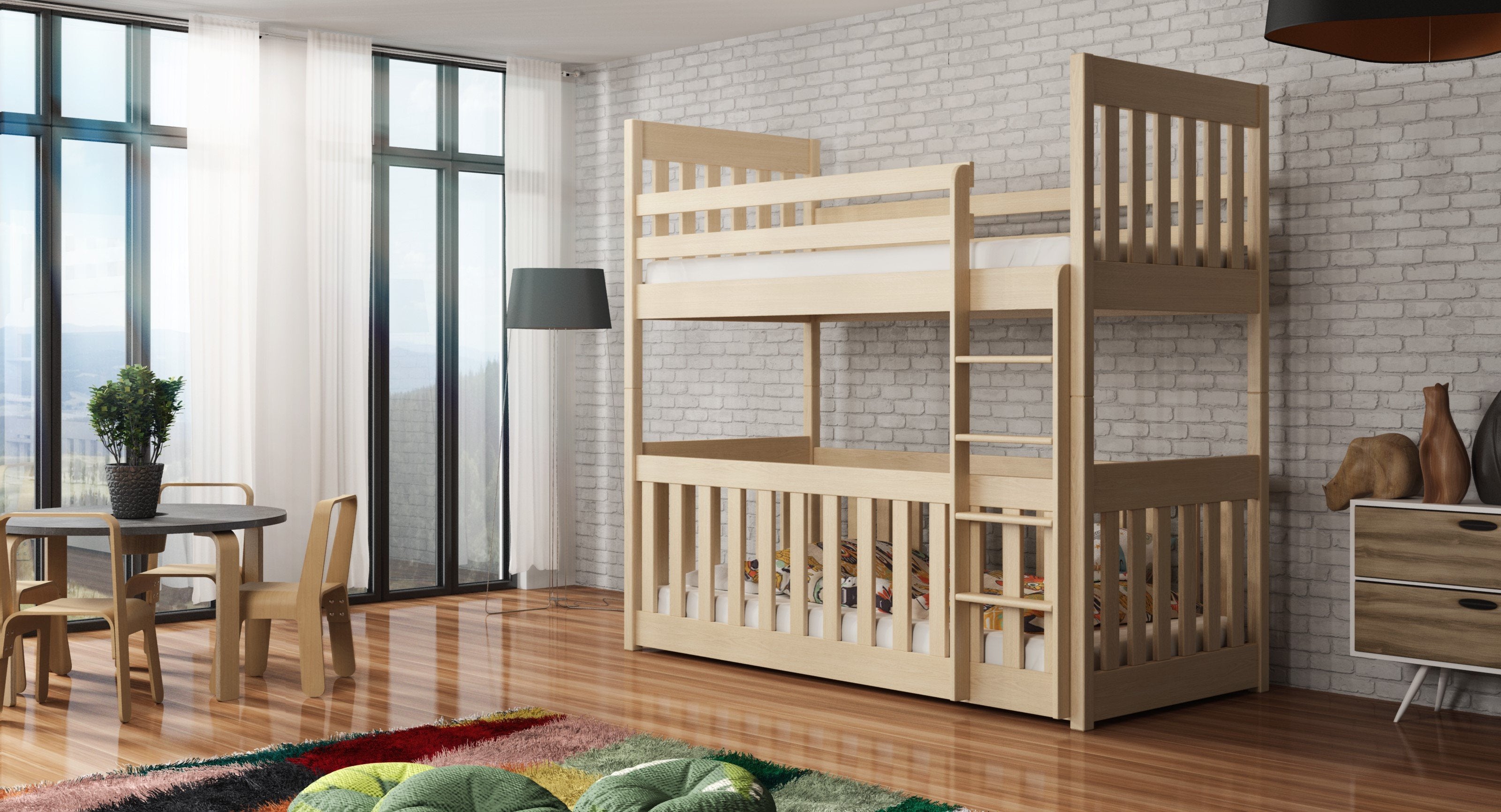 Kristofer Wooden Bunk Bed with Cot Bed and Bonnell Foam Mattress - Pine - Art Nest