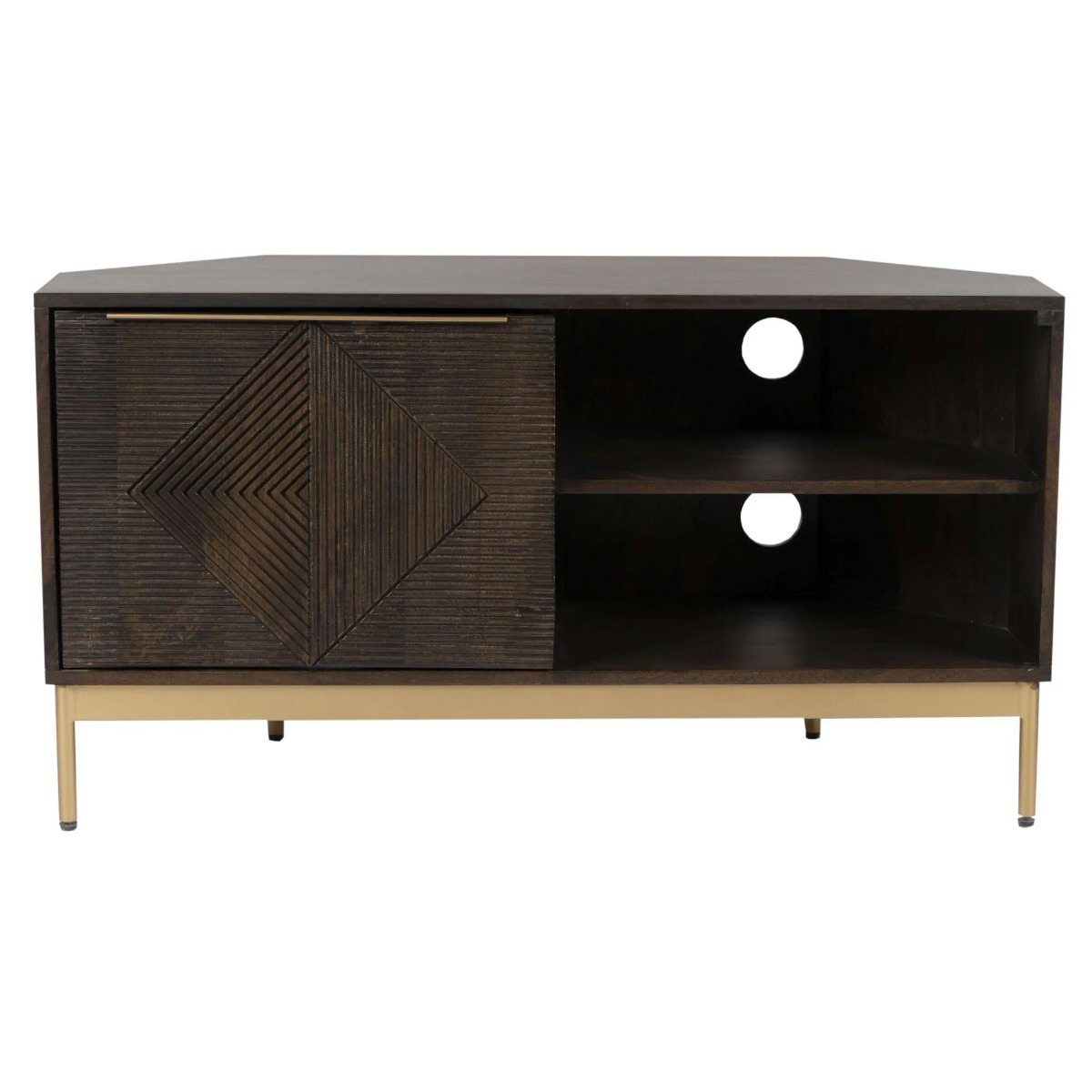 Cristina Grooved Design Single Door Tv Unit with Two Open Shelf - Mango Dark Finish - Cybil & Clive