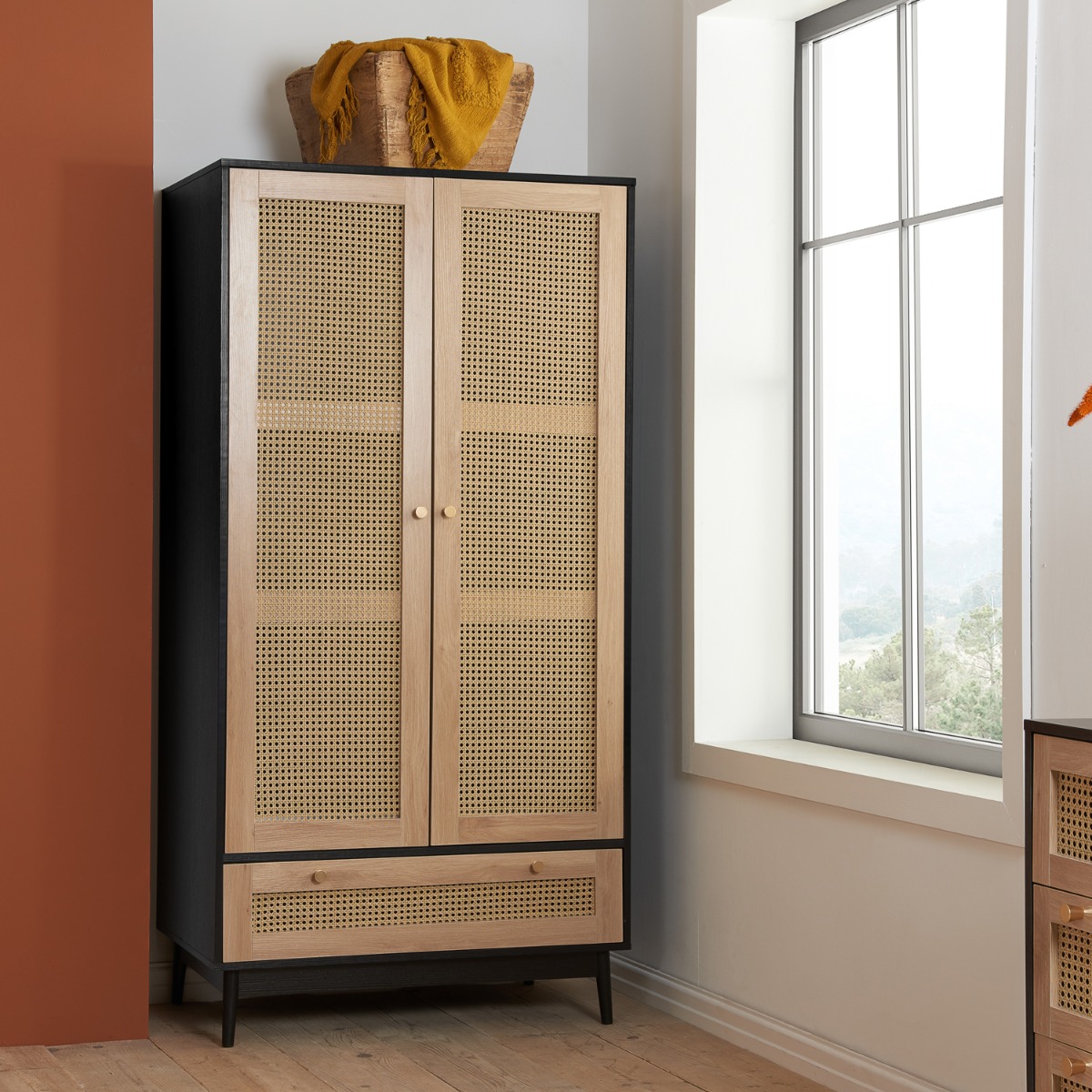 Wardrobe - CARDANO 2 Door 1 Drawer Rattan Wardrobe Black 90cm - Birlea Essentials