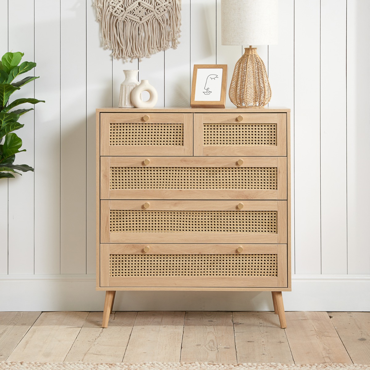 CARDANO Oak Finish Rattan Chest of Drawers - Medium-sized, 5 Drawers - Birlea Essentials