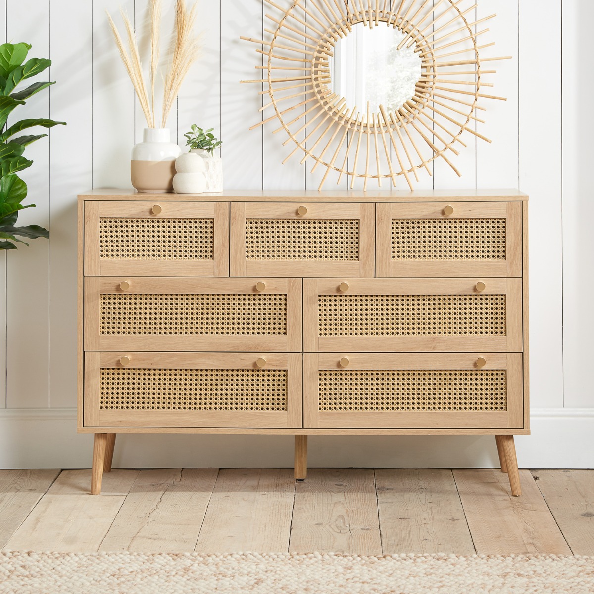 CARDANO Oak Finish Rattan Chest of Drawers - Large-sized, 7 Drawers - Birlea Essentials