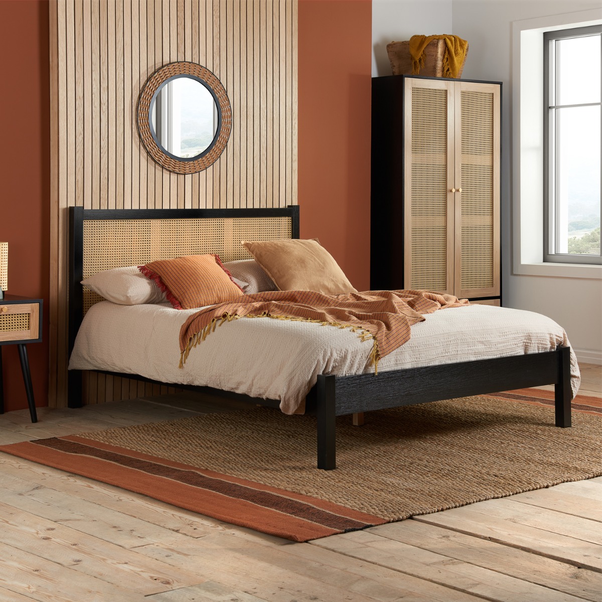 Croxley Large Rattan Headboard Design Black Bed - Kingsize 5ft - Birlea Essentials
