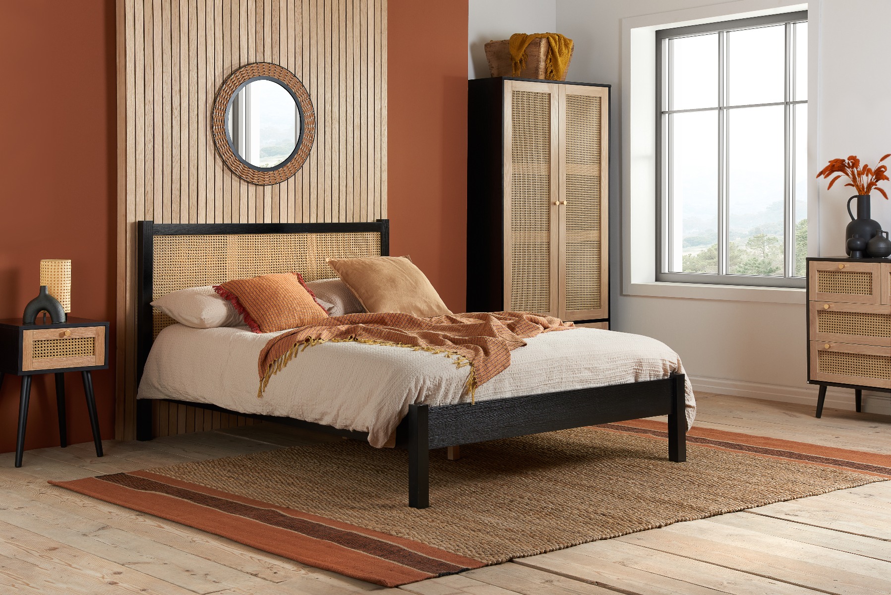 Croxley Large Rattan Headboard Design Black Bed - Standard Double 4ft6 - Birlea Essentials