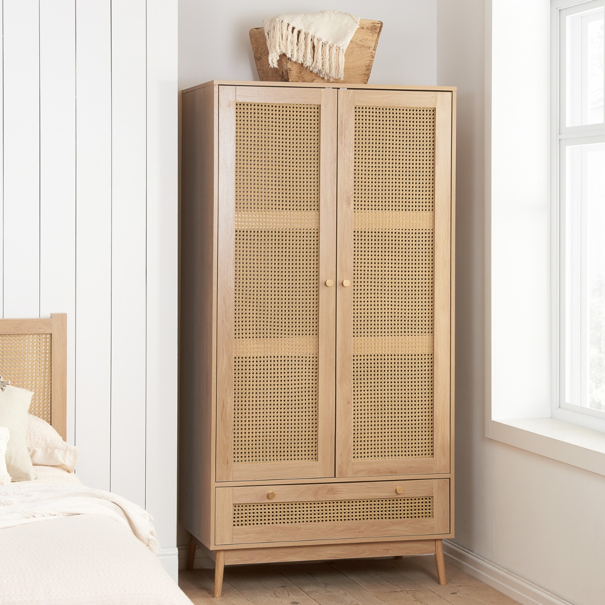 Wardrobe - CARDANO 2 Door 1 Drawer Rattan Wardrobe Oak 90cm - Birlea Essentials