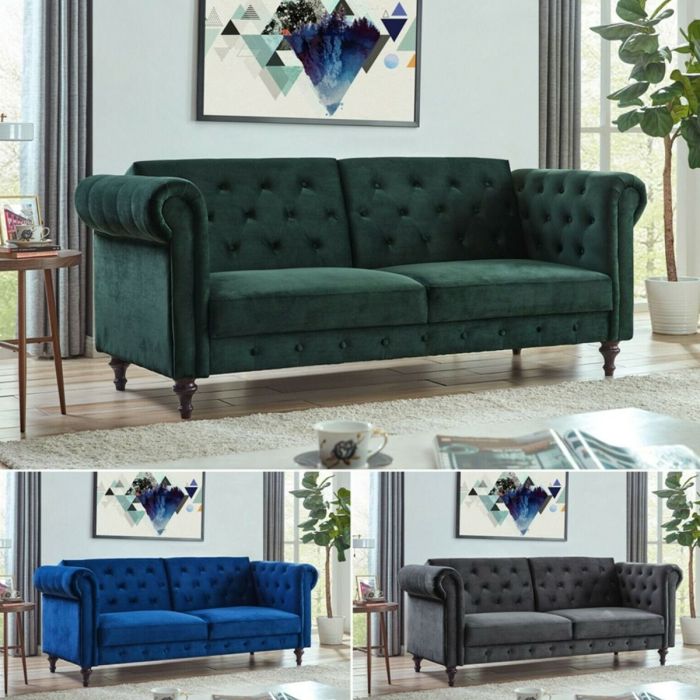 Luxury Velvet Sofa Bed 3 Seater Chesterfield Style - 3 Colours 