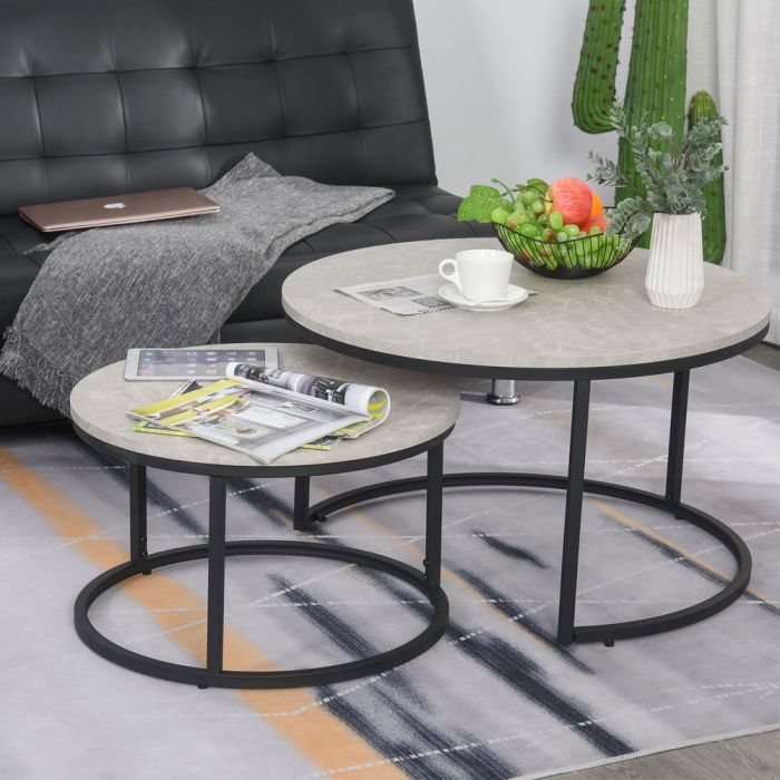 Steel Frame 2 Pcs Stacking Coffee Table Set with Marble-Effect Top