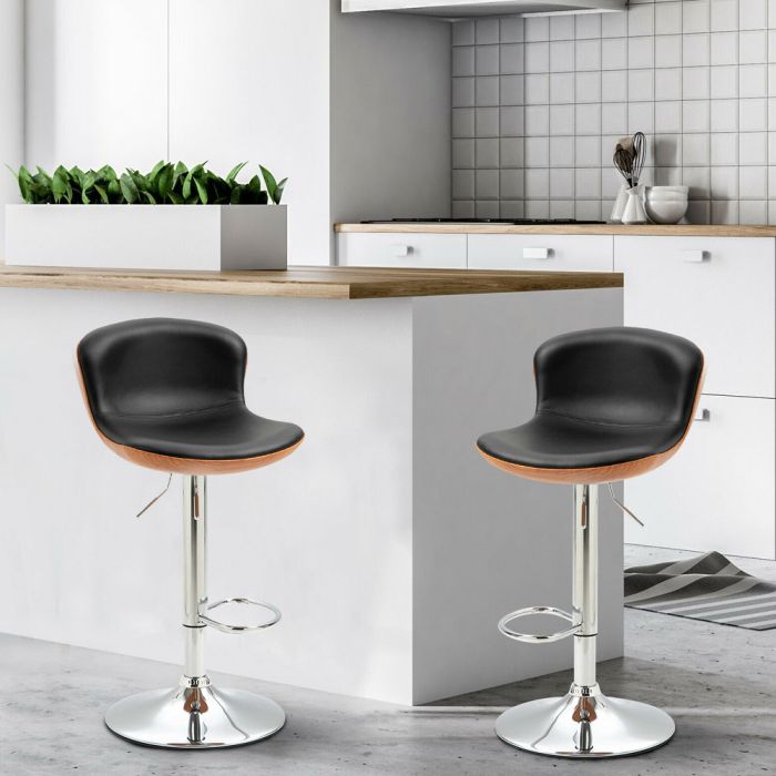 Rounded PU Leather Bar Stools  With Footrest Set Of 2 - Black 