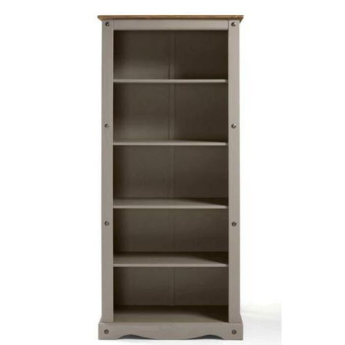 Corona Solid Pine Bookcase With Large 5 Shelf - Grey Wax  