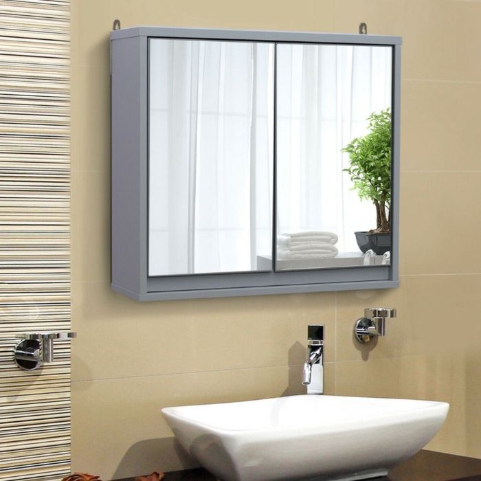Wall Mounted Bathroom Mirror With Storage Cabinet - Grey