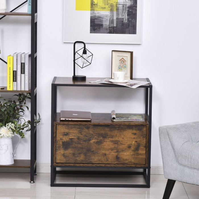 Black Metal Frame Side Table with Drawer and Open Shelf - Brown