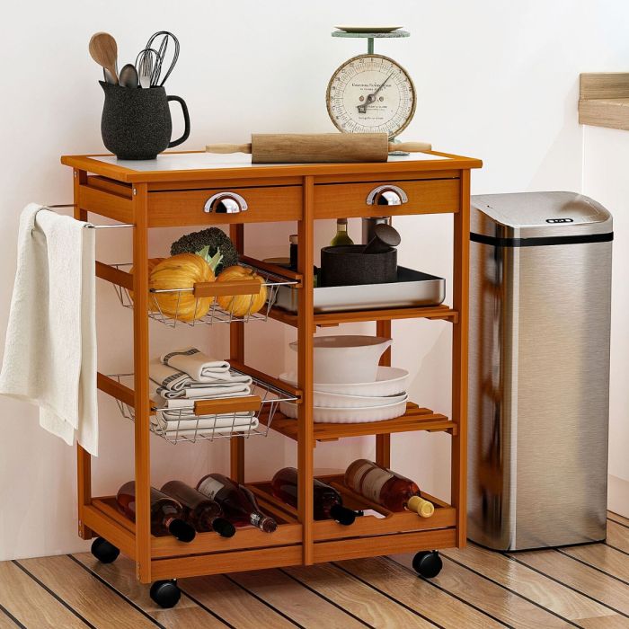 Compact Design Kitchen Island Trolley with Fruit Rack and Drawer - Honey Colour