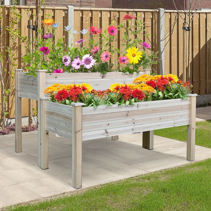 2-Piece Solid Fir Wood Raised Bed - Natural Wood Colour