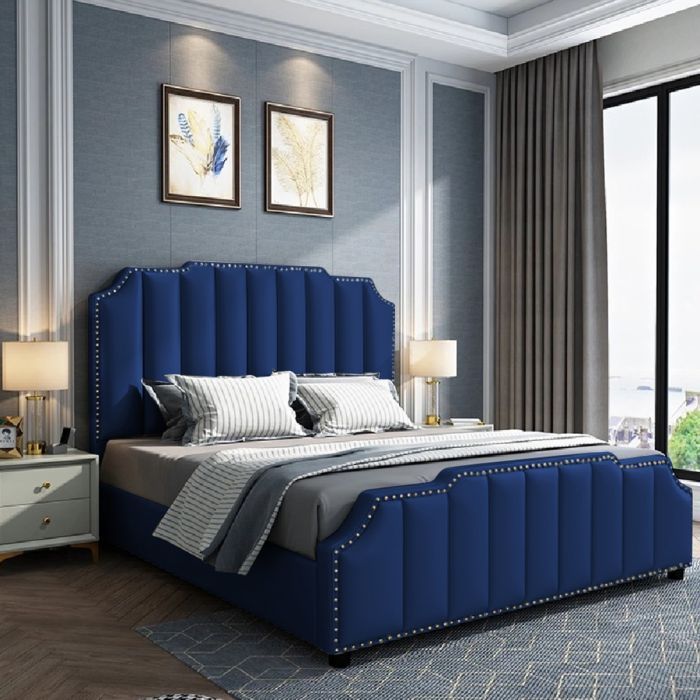 Arnold Luxurious Plush Velvet Bed, Blue Colour - 5 Sizes