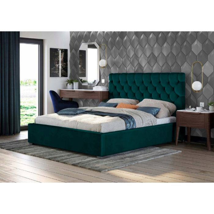 Rosiana Plush Velvet Fabric Bed, Green Colour - 5 Sizes