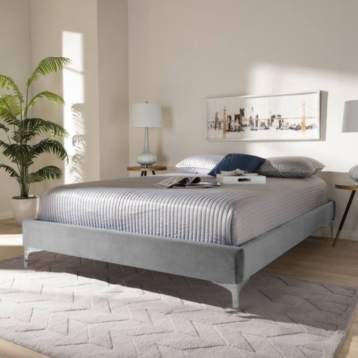 Americo Plush Velvet Fabric Bed, Silver Colour - 5 Sizes