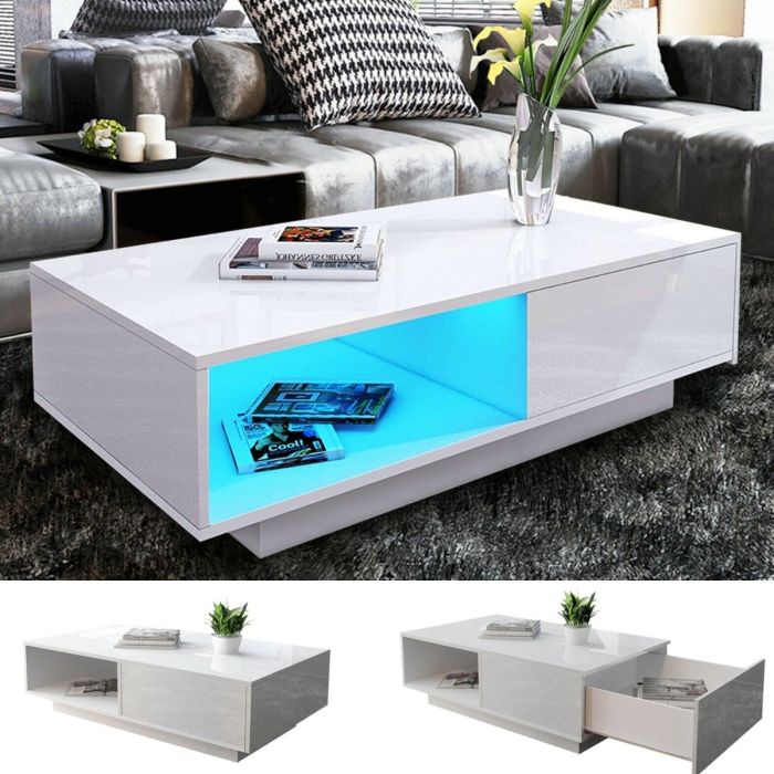 High Gloss LED Coffee Table With Sliding Drawer - Black, White