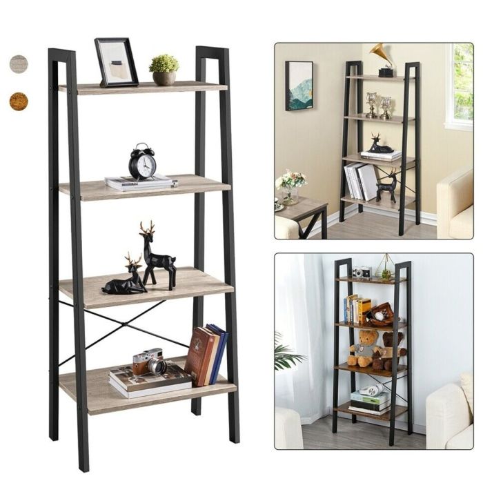Ladder Bookcase 4-Tier Shelves - Light Brown, Grey