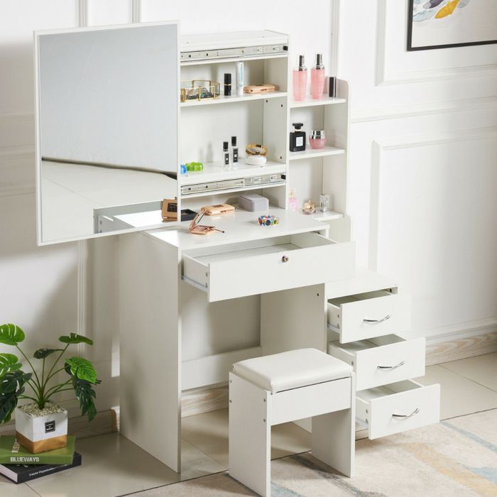 Modern 4 Drawers Makeup Desk Dressing Table With Mirror And Stool Set - White