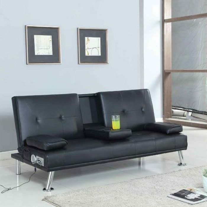 Faux Leather 3 Seater Sofabed with Drink Cup Holder Table - 4 Colours