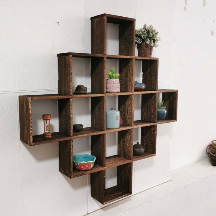 Stylish Cubes Wooden Wall Mounted Display Shelves - Brown