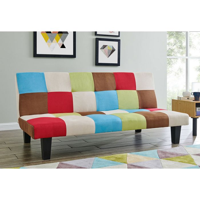 3 Seater Patchwork SofaBed -  Multi-Coloured Retro Style