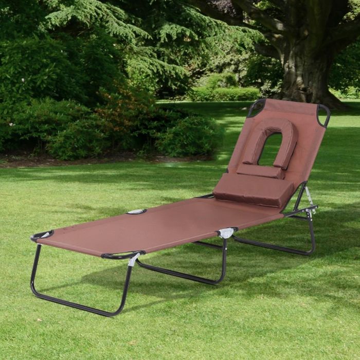 Foldable Reclining Adjustable Sun Lounger with Pillow and Reading Hole - Brown