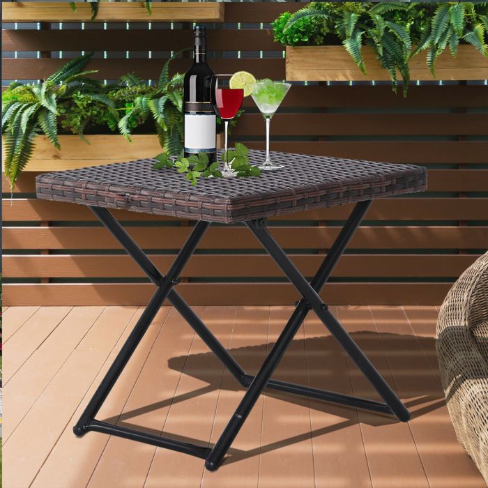 Foldable Rattan Square Garden Table - Brown