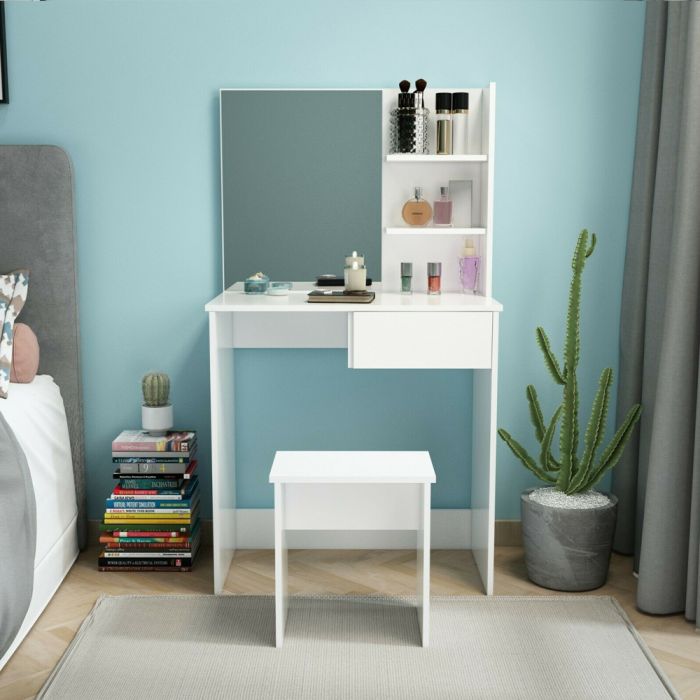 Modern Dressing Table Stool Set Makeup Desk With Mirror And Drawers - White