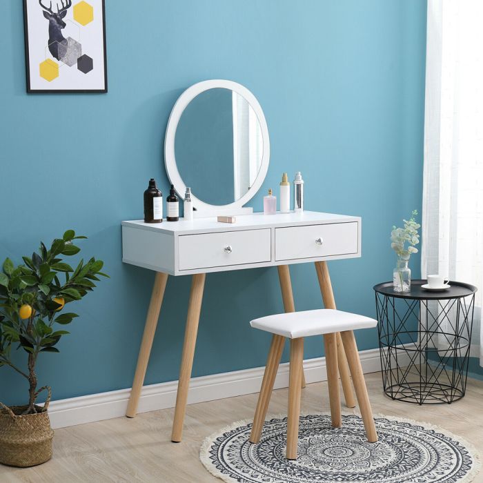 Modern 2 Drawer Dressing Table Makeup Desk With Round Mirror And Stool - White