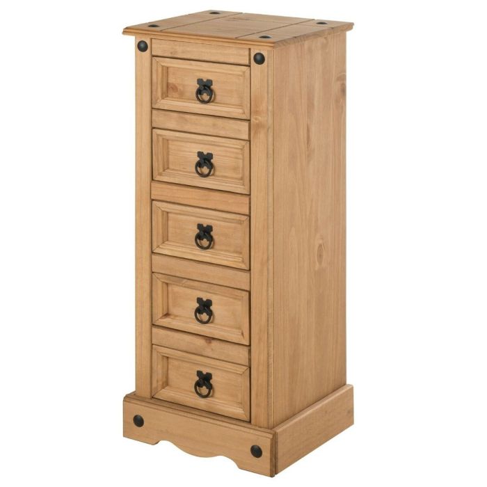Corona Solid Pine 5 Drawers Chest of Drawers Narrow - Antique Wax