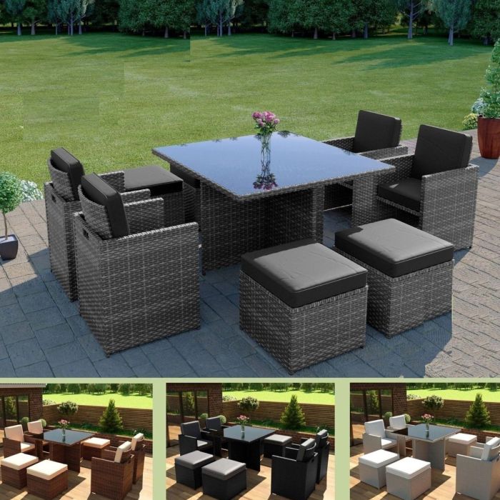 8 Seater Rattan Garden Furniture Dining Table Cube Set With Cushions - 4 Colours