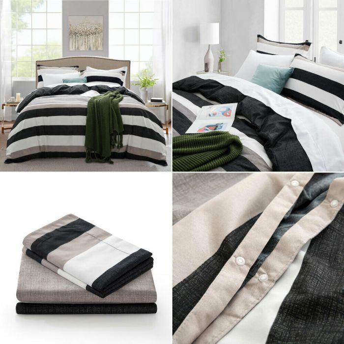 Reversible Stripe Printed Duvet Cover With Pillow Shams - 3 Sizes