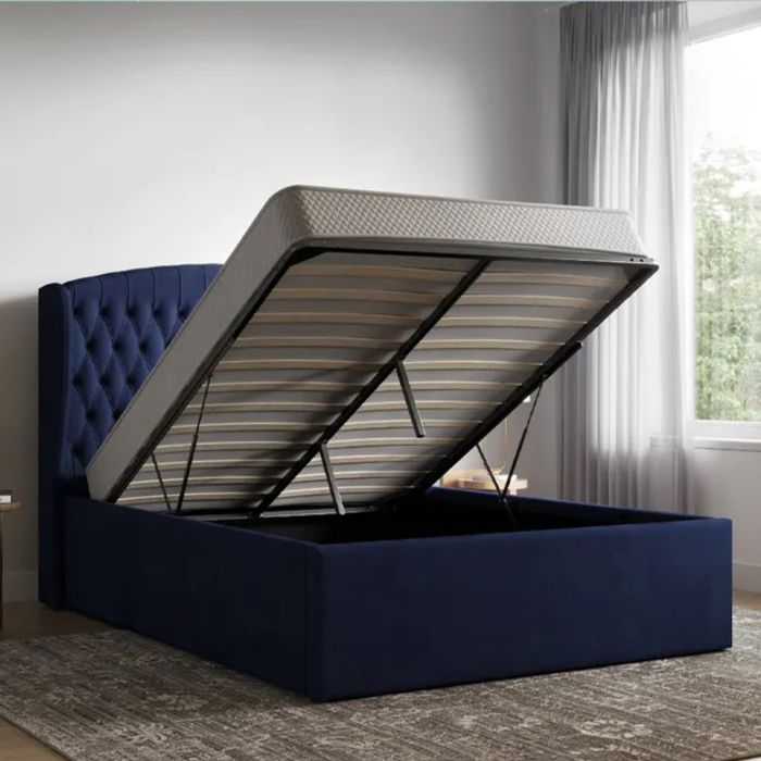 Adelina Winged Ottoman Blue Velvet Bed with Mattress Options Double
