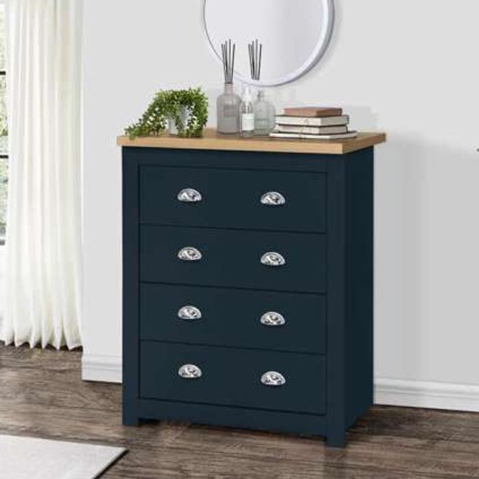 Classic Design Oak Top 4 Drawers Bedside Table Navy Blue